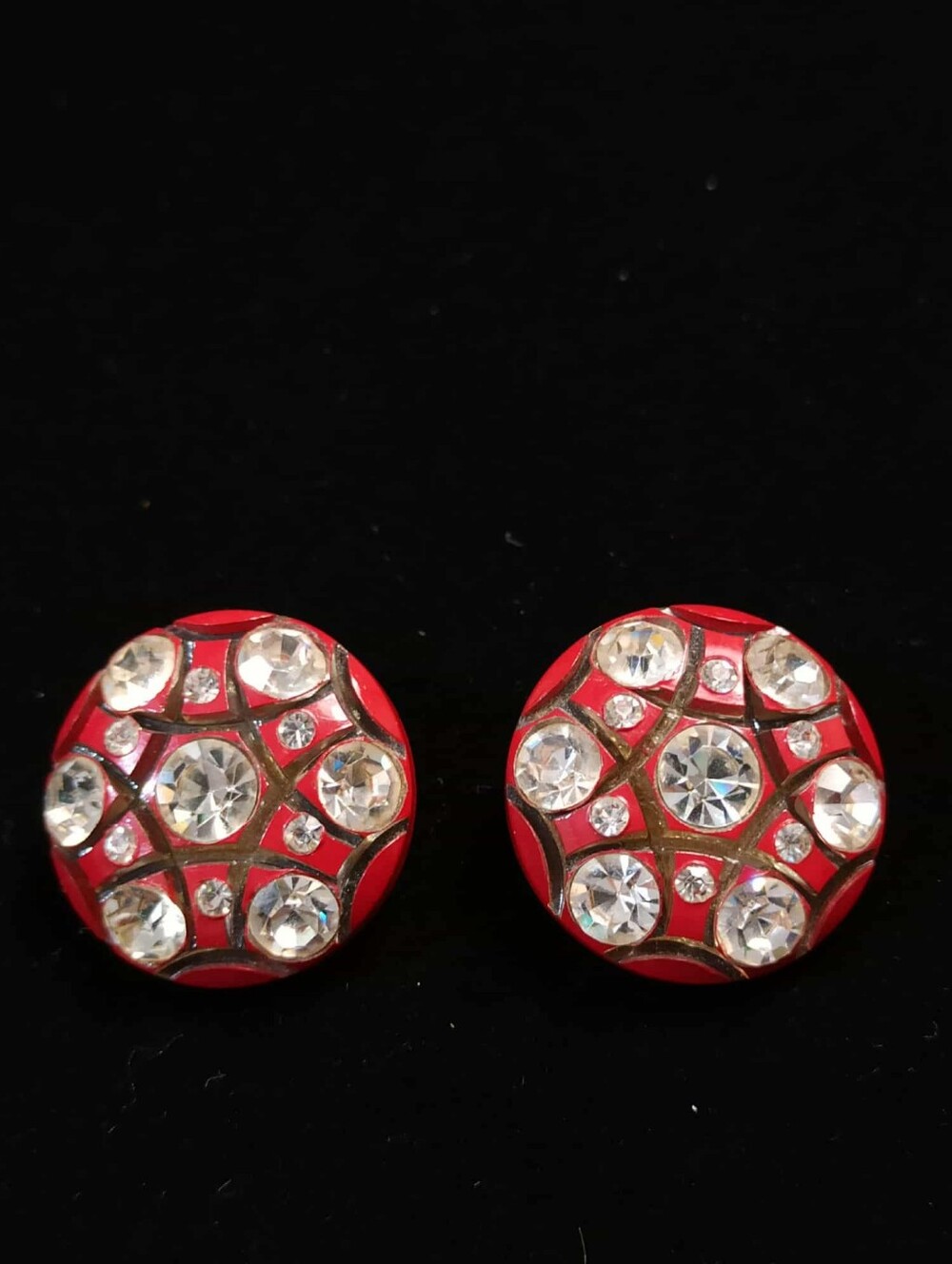 Vintage Mid Century Red Lucite Rhinestone Clip On Earrings Atomic Glam